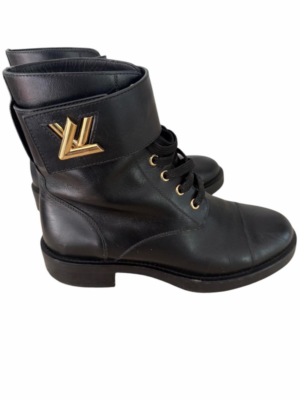 Louis Vuitton Black Leather Lace-Up Ankle Boots with Gold LV Emblem Size 38